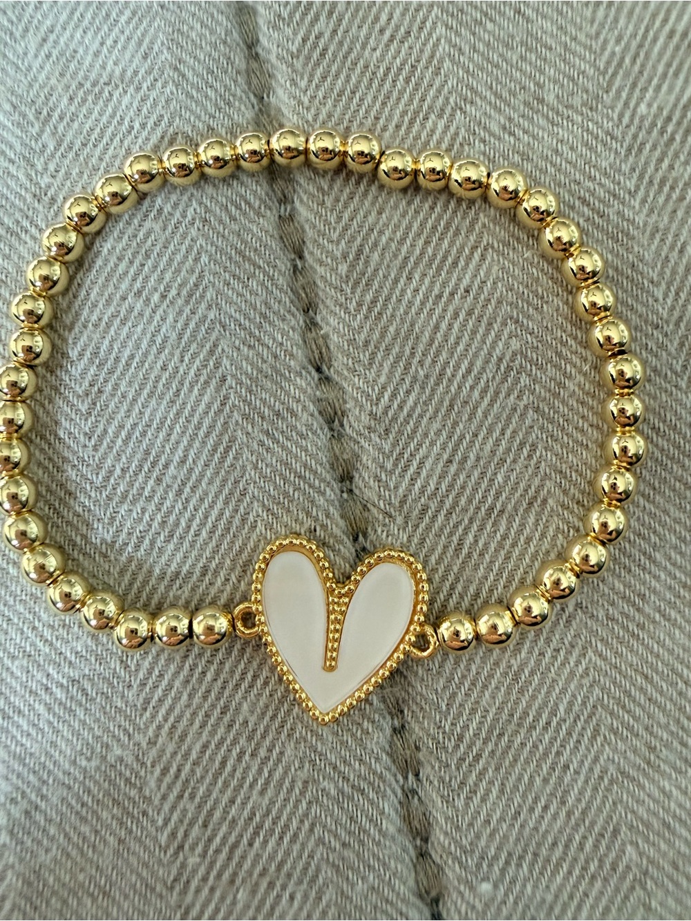Gold Beaded Heart Bracelet with White Enamel Heart Charm